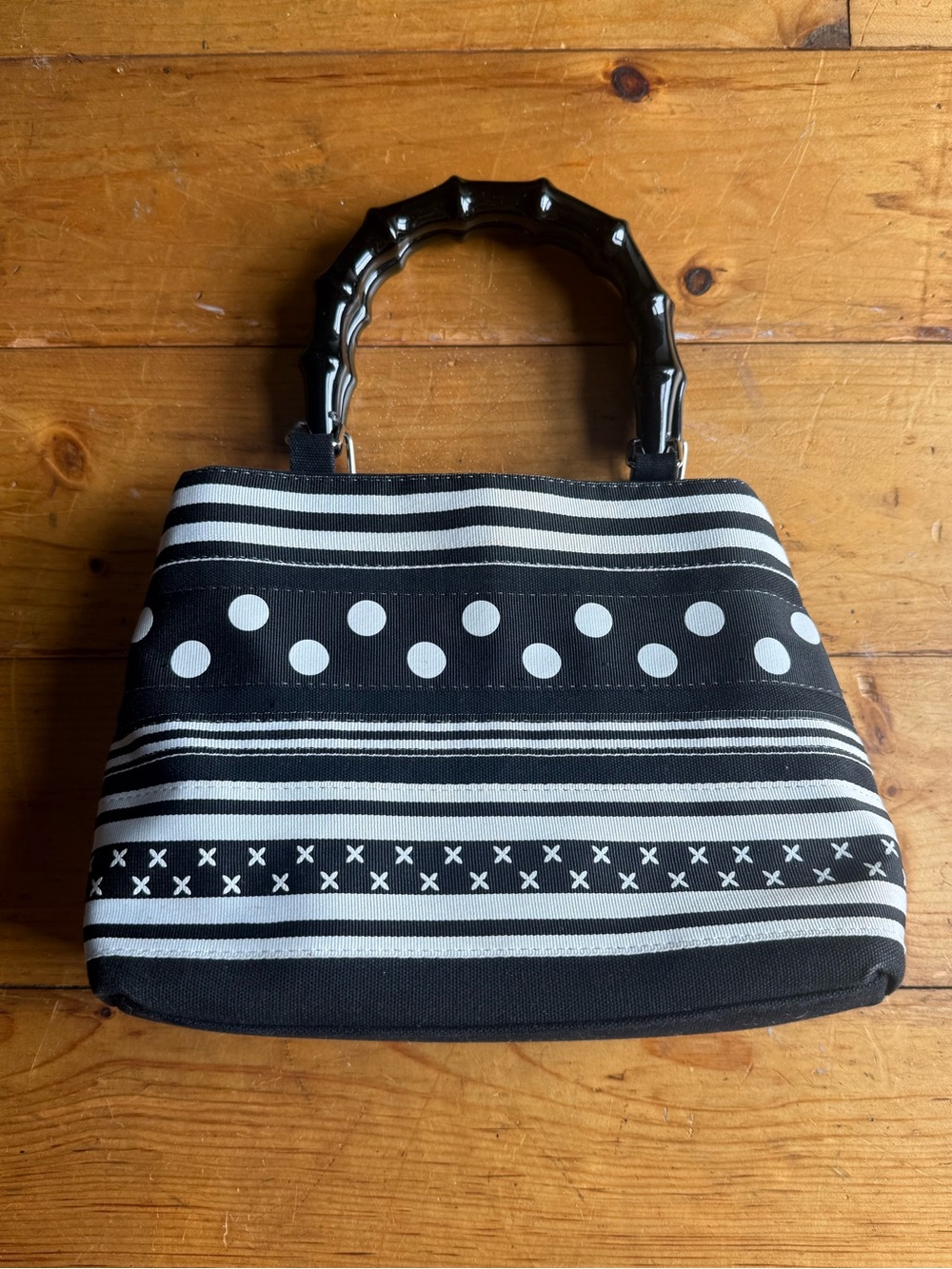 Tiannl Black and White Polka-Stripe Mini Top-Handle Bag